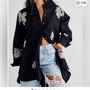 Free People Mari Floral Applique Button Front Mini Dress